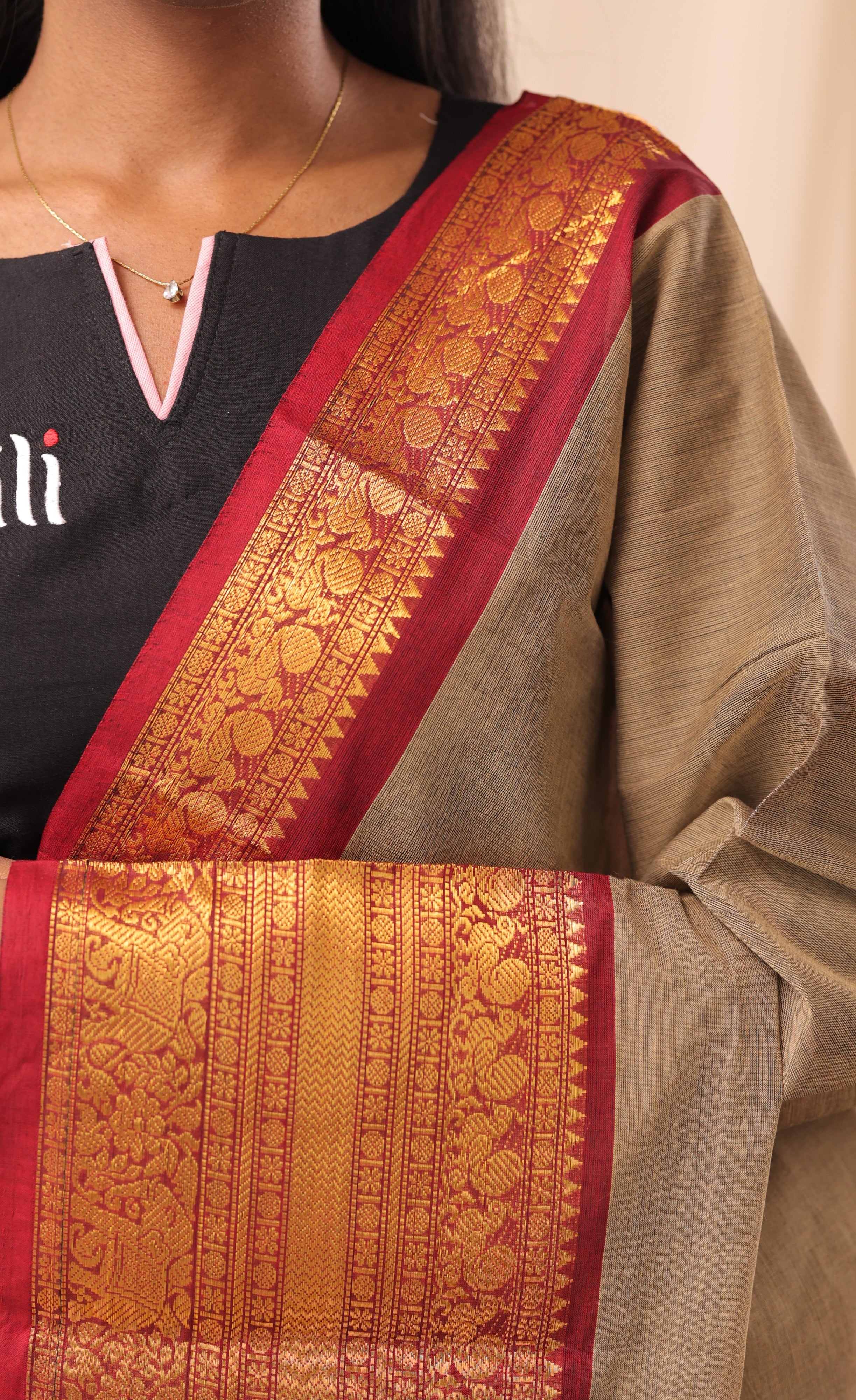 Light Greyish Brown With Maroon Chettinad Cotton Dupatta