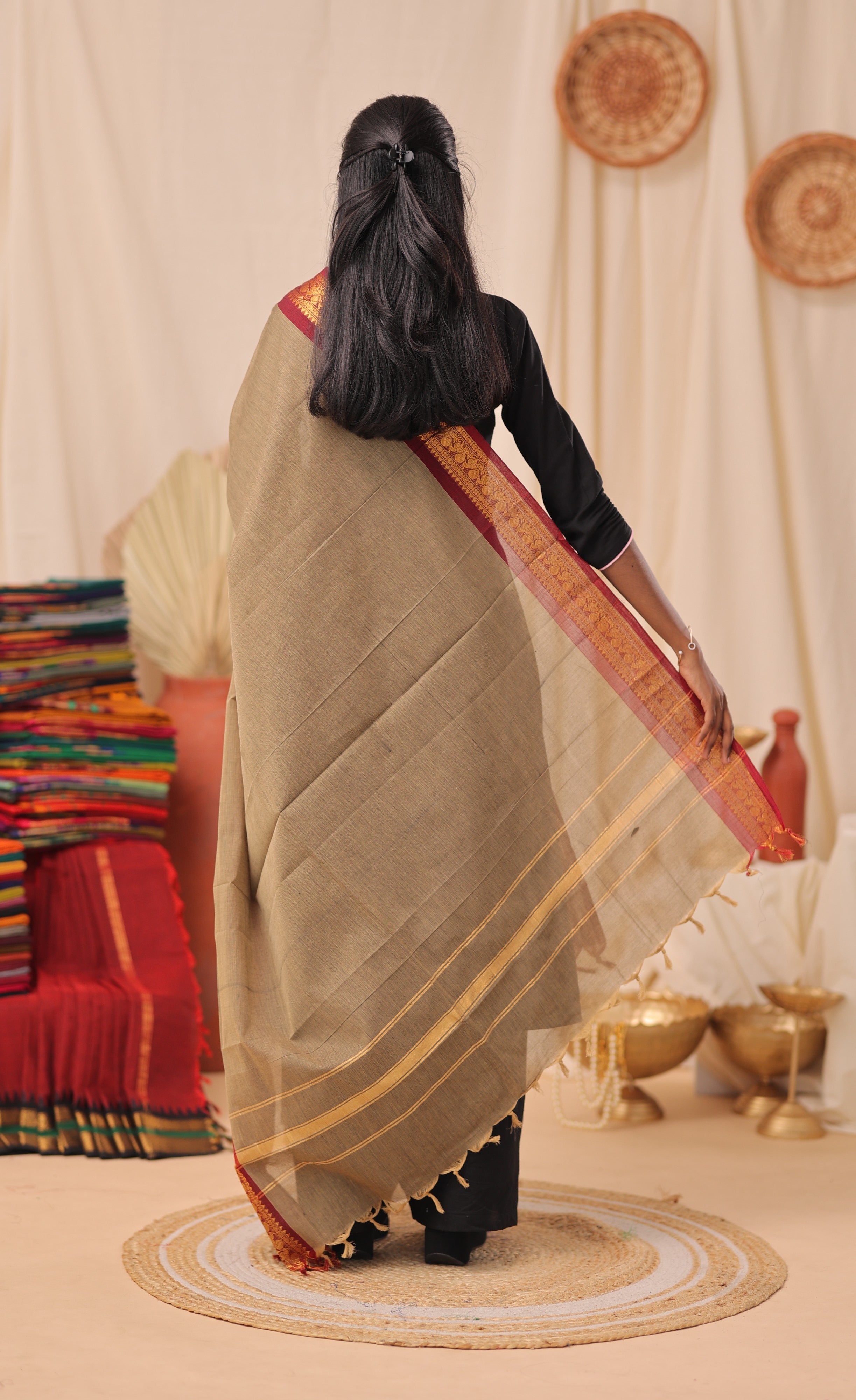 Light Greyish Brown With Maroon Chettinad Cotton Dupatta