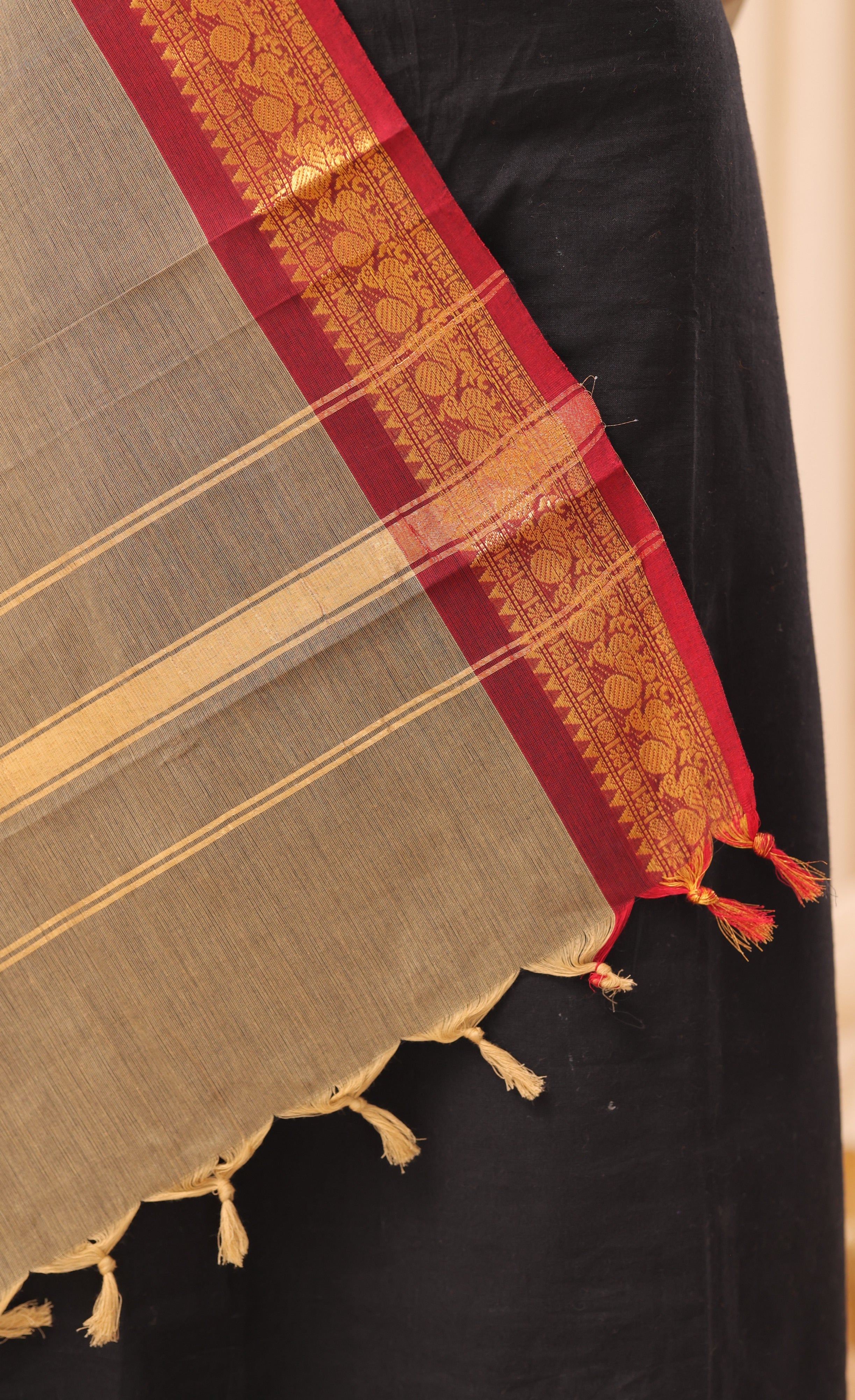 Light Greyish Brown With Maroon Chettinad Cotton Dupatta