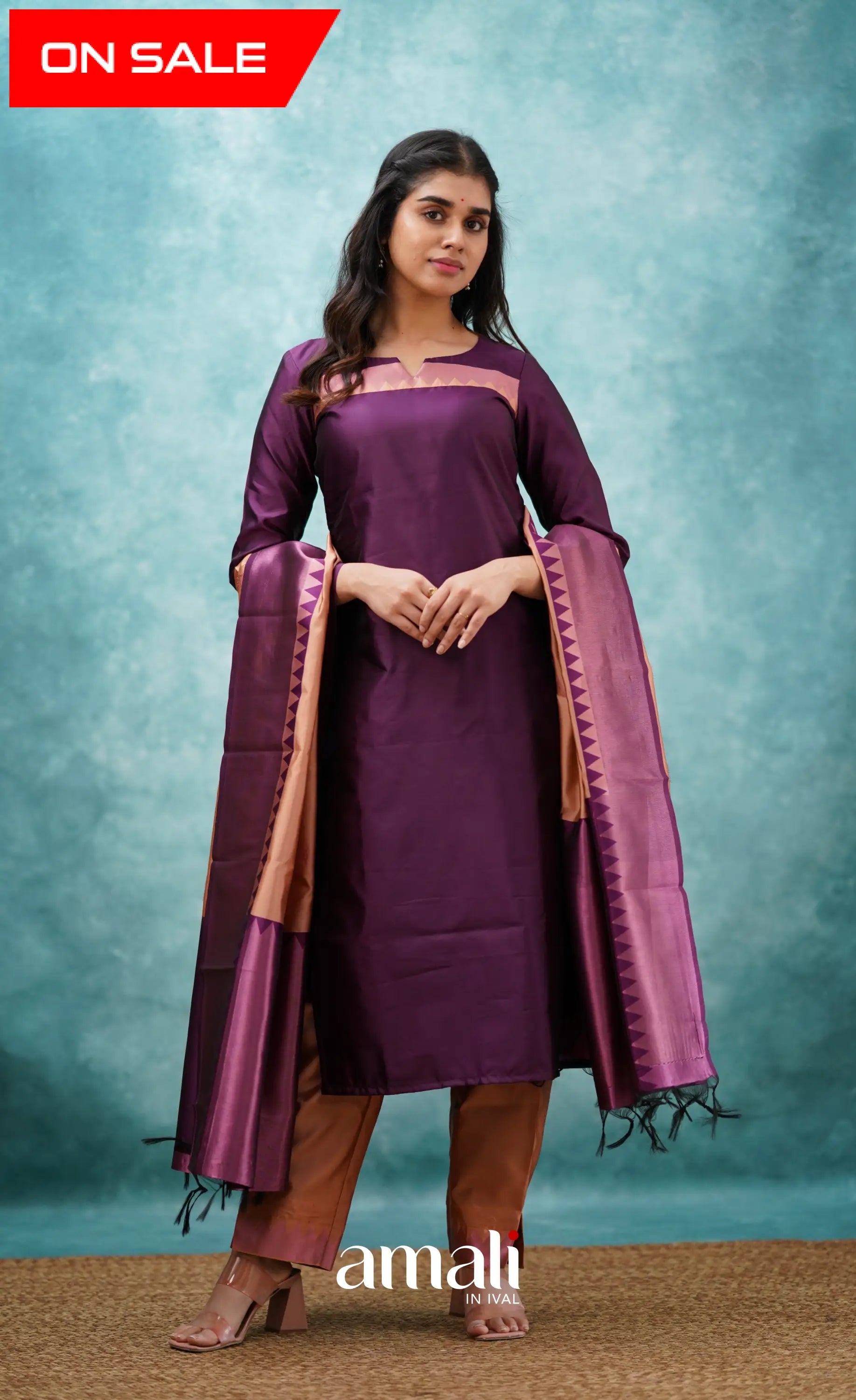 Aditi - Purplish Magenta And Copper Semi Kanchipuram Silk Salwar Salwar