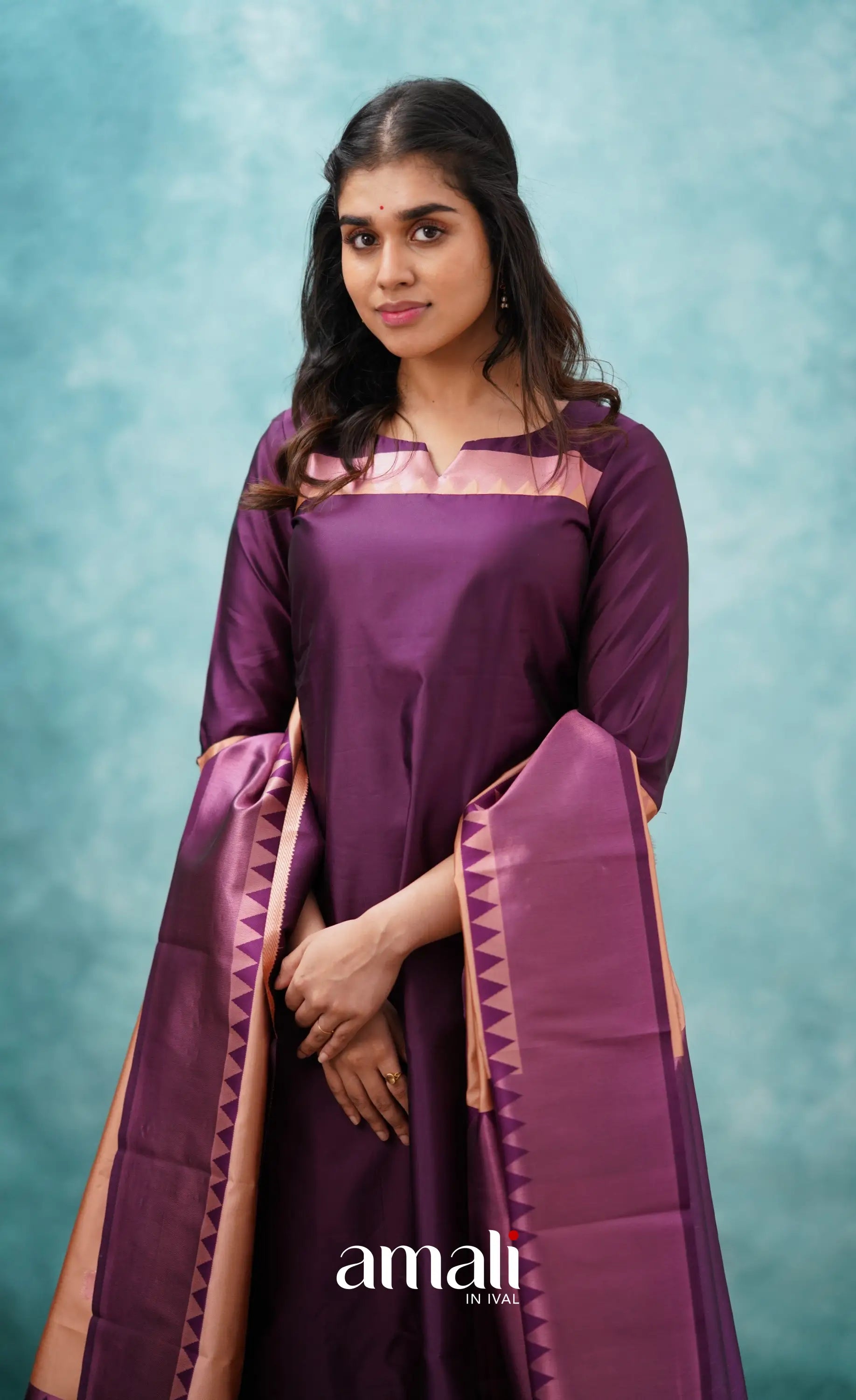 Aditi - Purplish Magenta And Copper Semi Kanchipuram Silk Salwar Salwar
