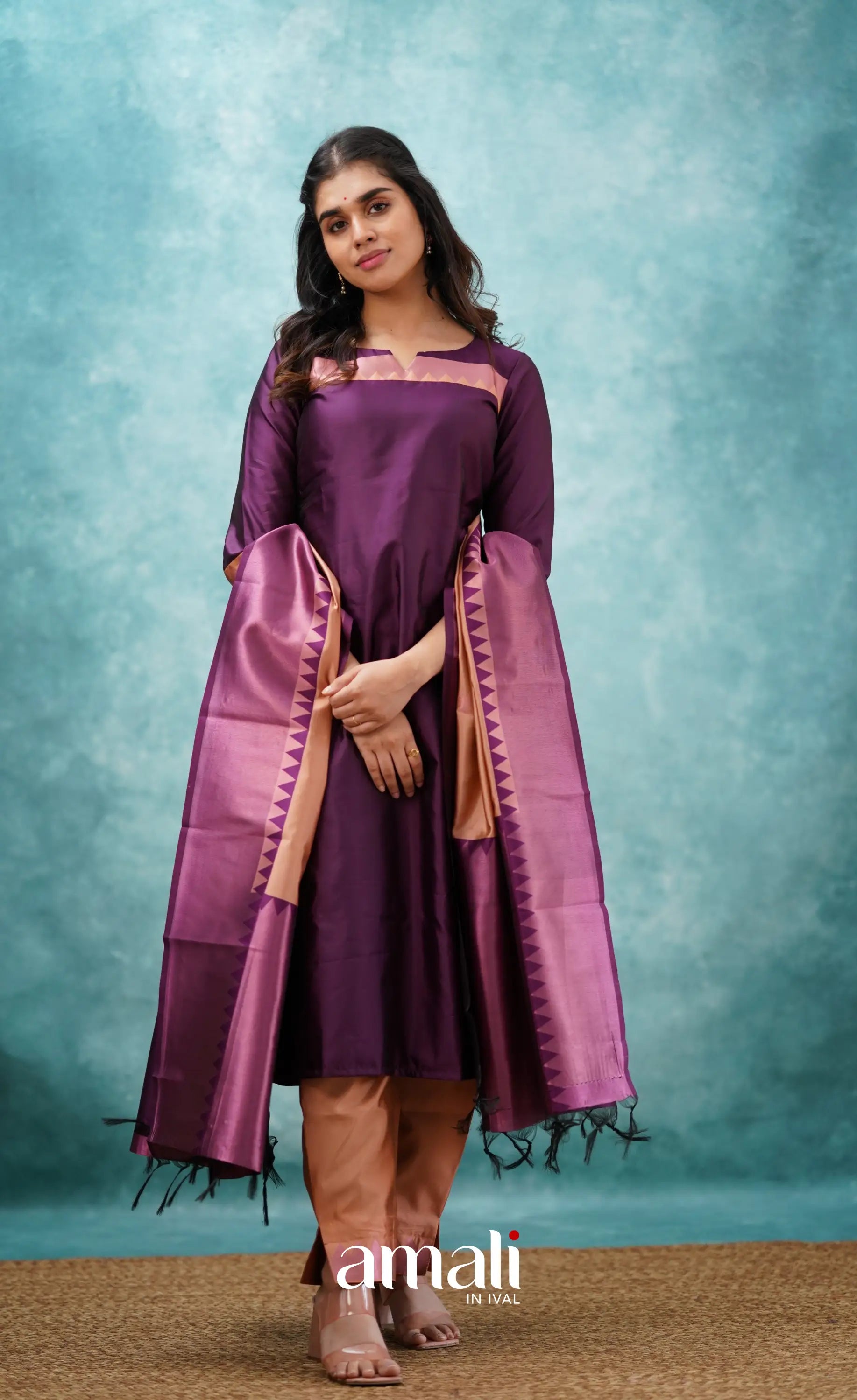 Aditi - Purplish Magenta And Copper Semi Kanchipuram Silk Salwar Salwar