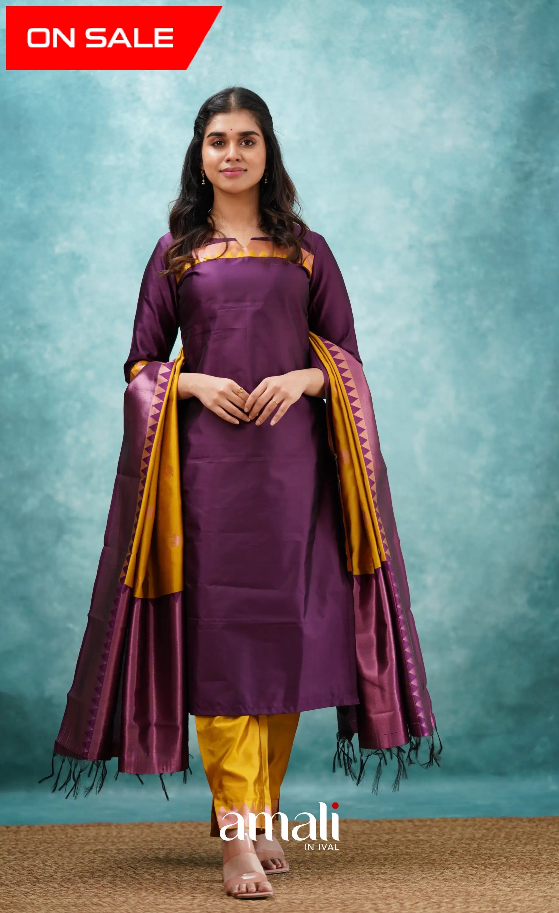 Aditi - Purplish Magenta And Yellow Semi Kanchipuram Silk Salwar Salwar