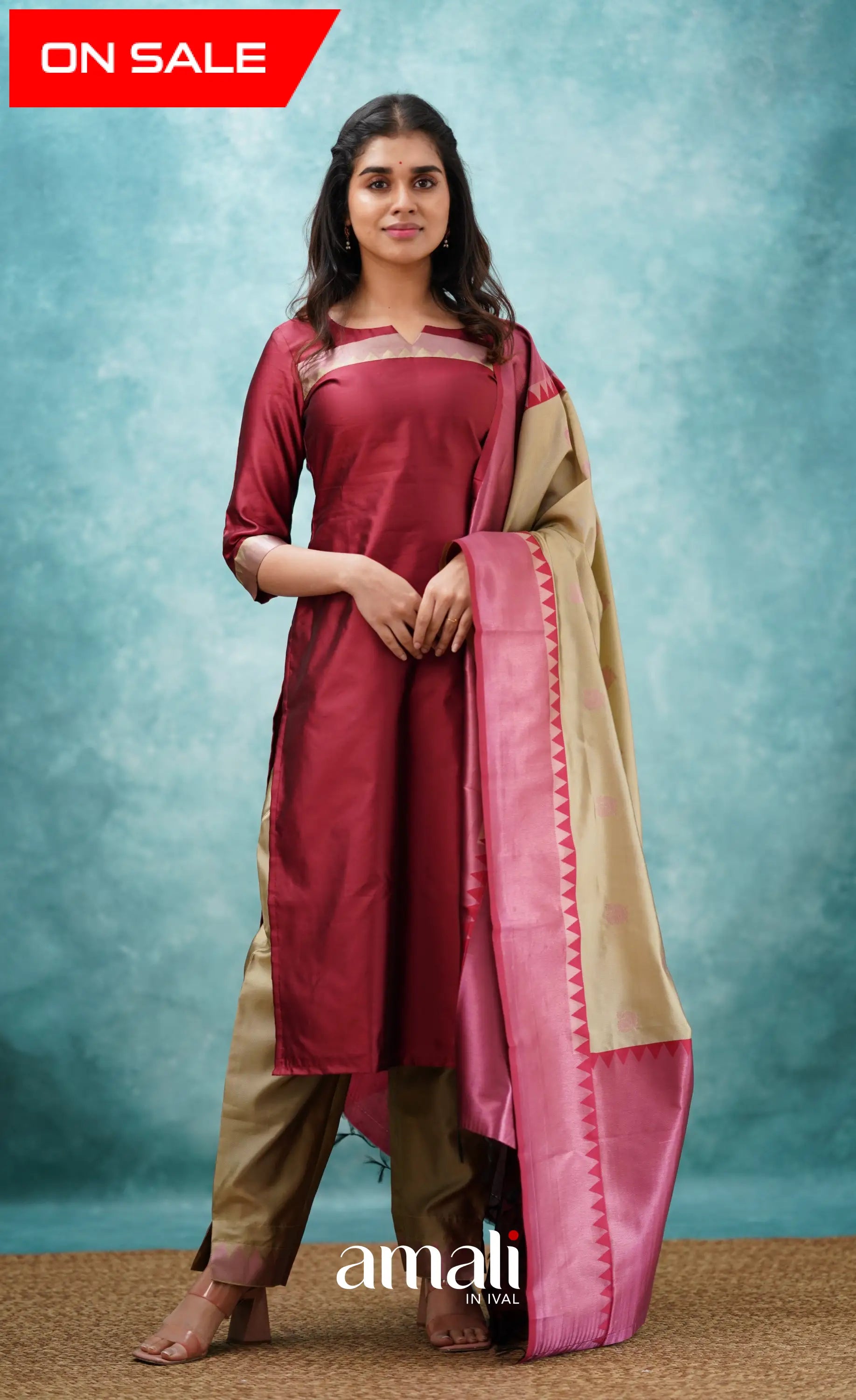 Aditi - Reddish Maroon And Beige Semi Kanchipuram Silk Salwar Salwar