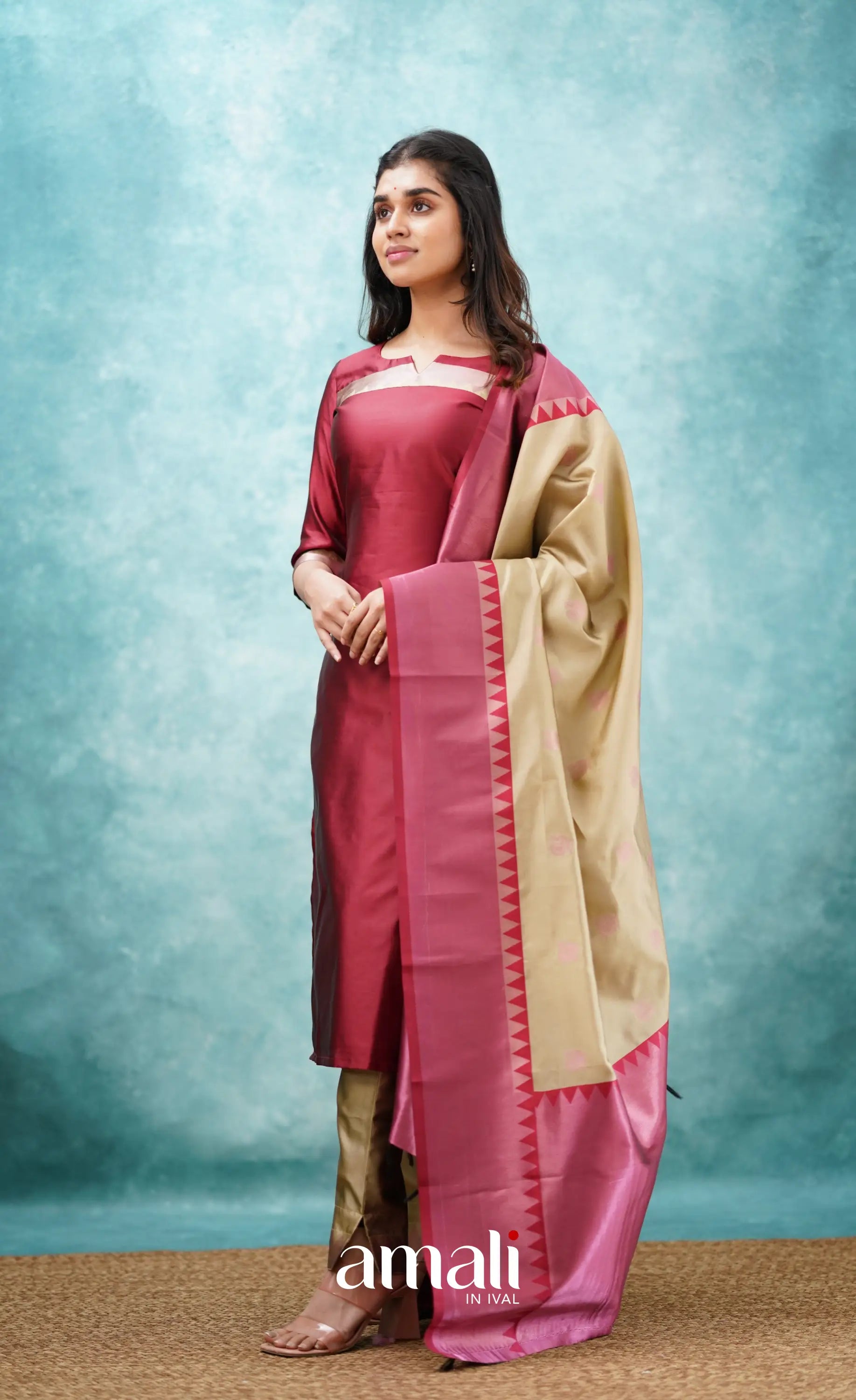Aditi - Reddish Maroon And Beige Semi Kanchipuram Silk Salwar Salwar