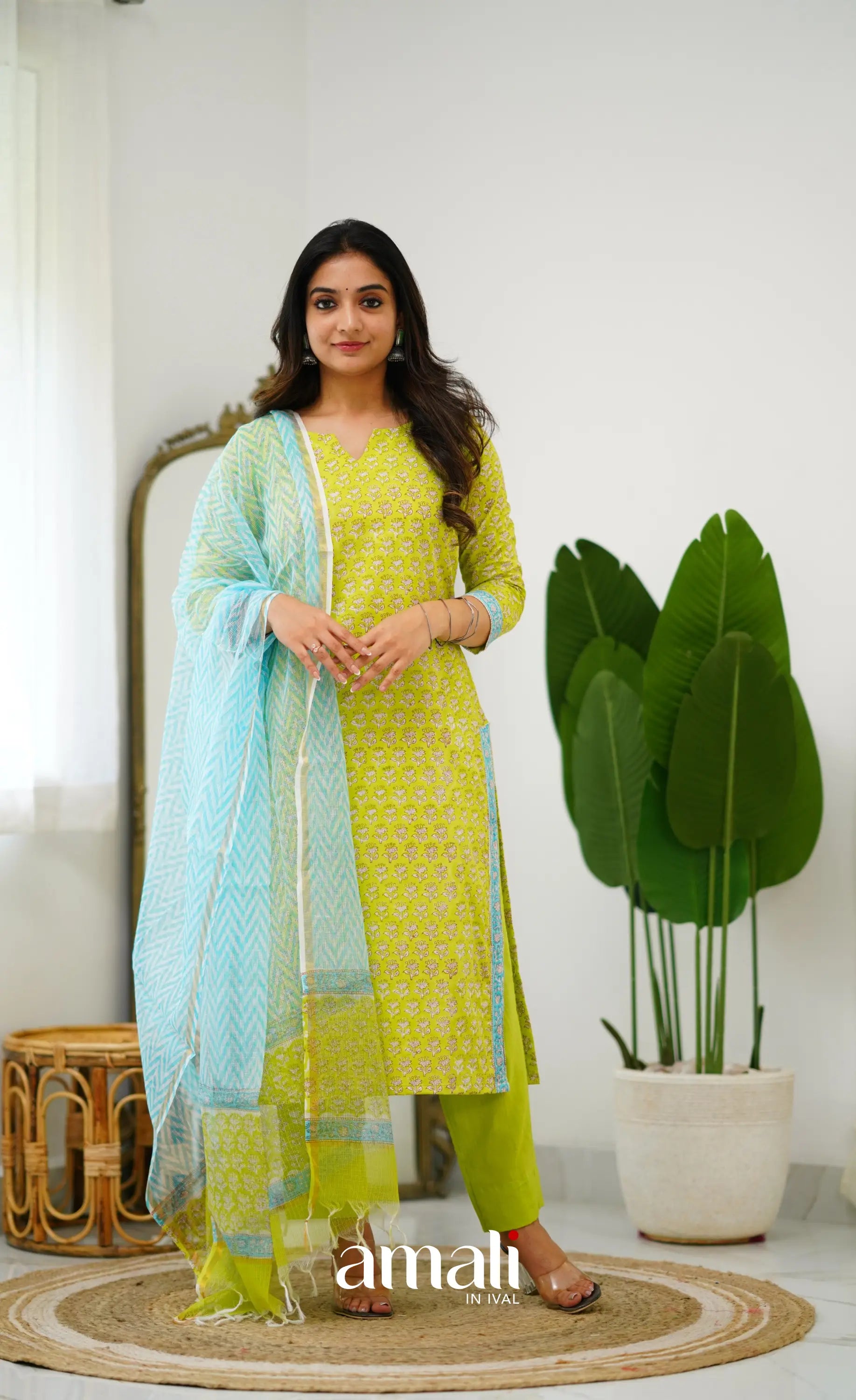 Meera Cotton Salwar - Light Green And Sky Blue Salwar
