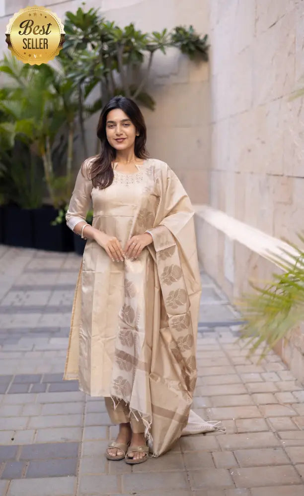 Athira Chanderi Salwar - beige and Gold salwar