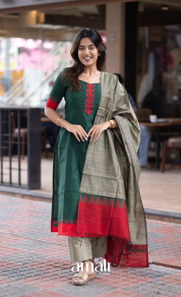 Athira handloom Cotton Salwar - Dark Green and Greyish Beige salwar
