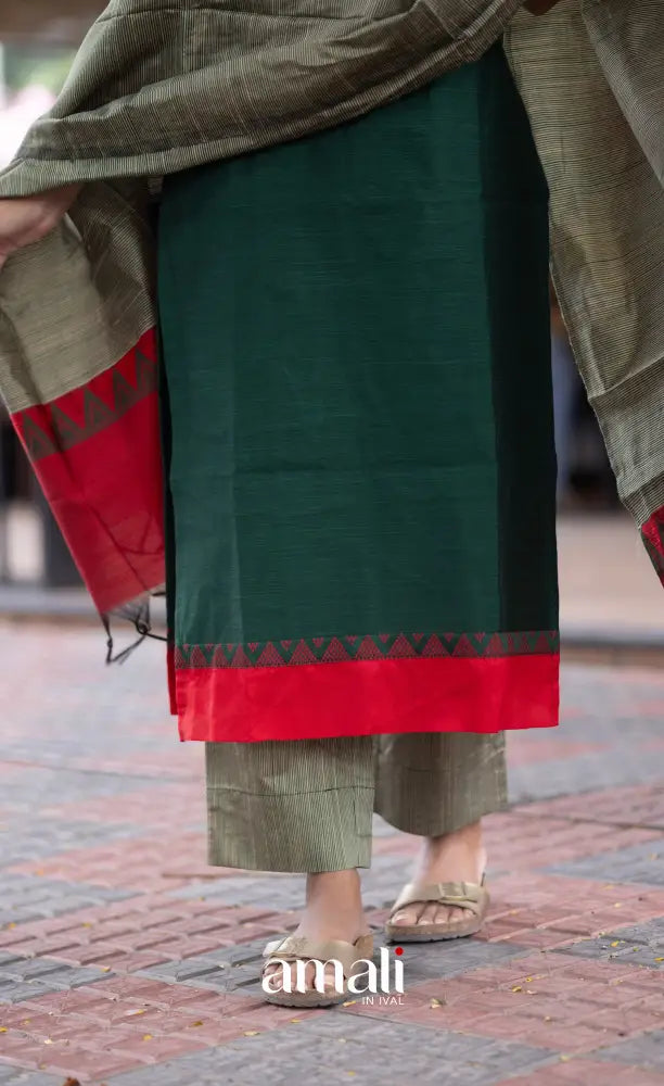 Athira handloom Cotton Salwar - Dark Green and Greyish Beige salwar