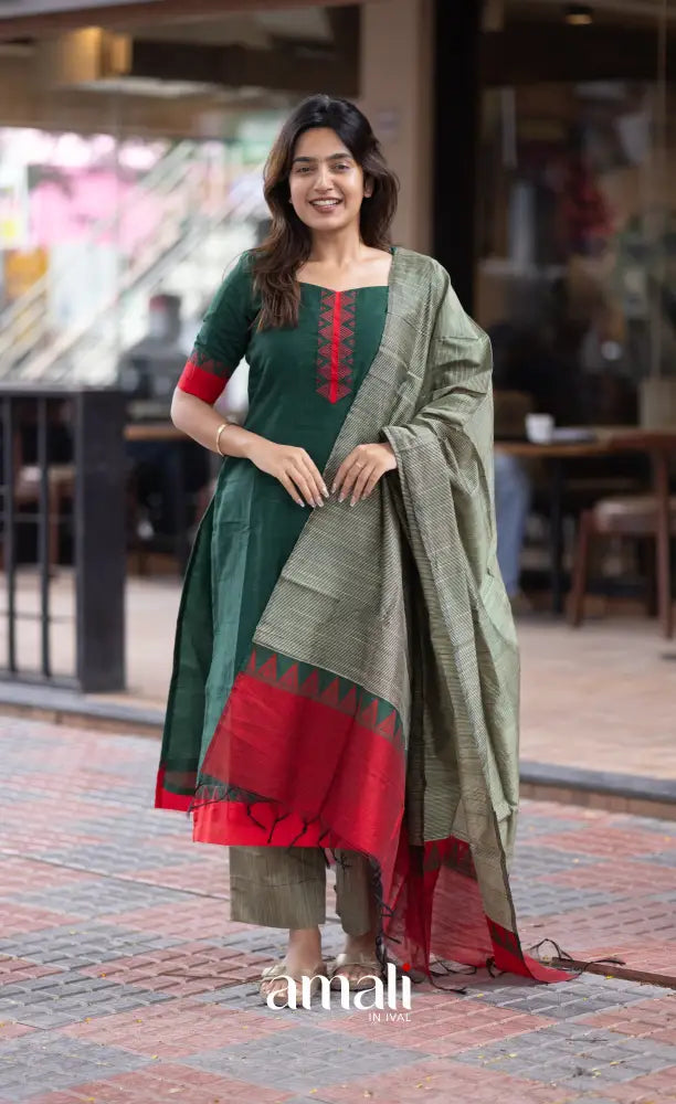 Athira handloom Cotton Salwar - Dark Green and Greyish Beige salwar