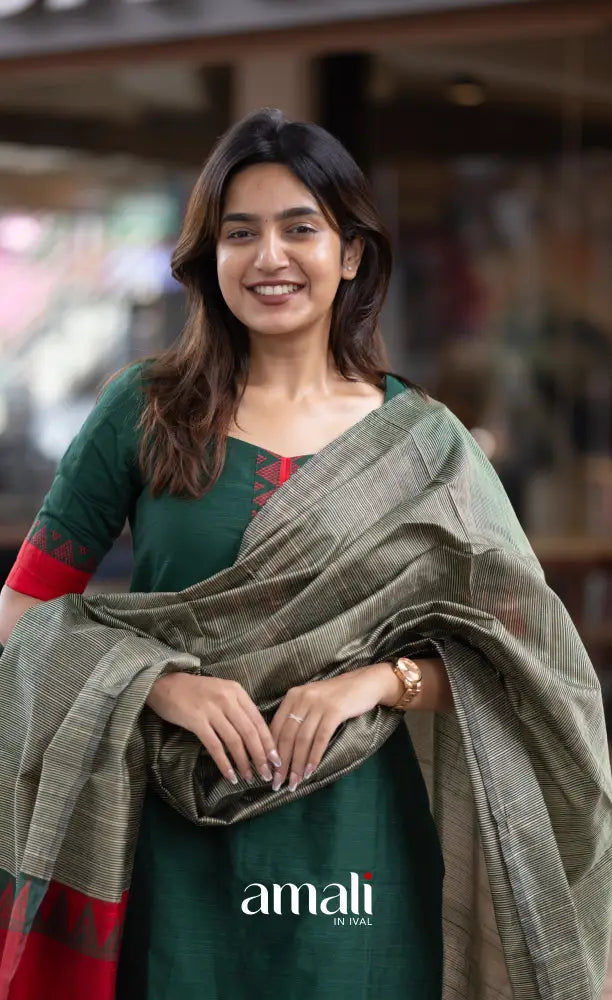 Athira handloom Cotton Salwar - Dark Green and Greyish Beige salwar
