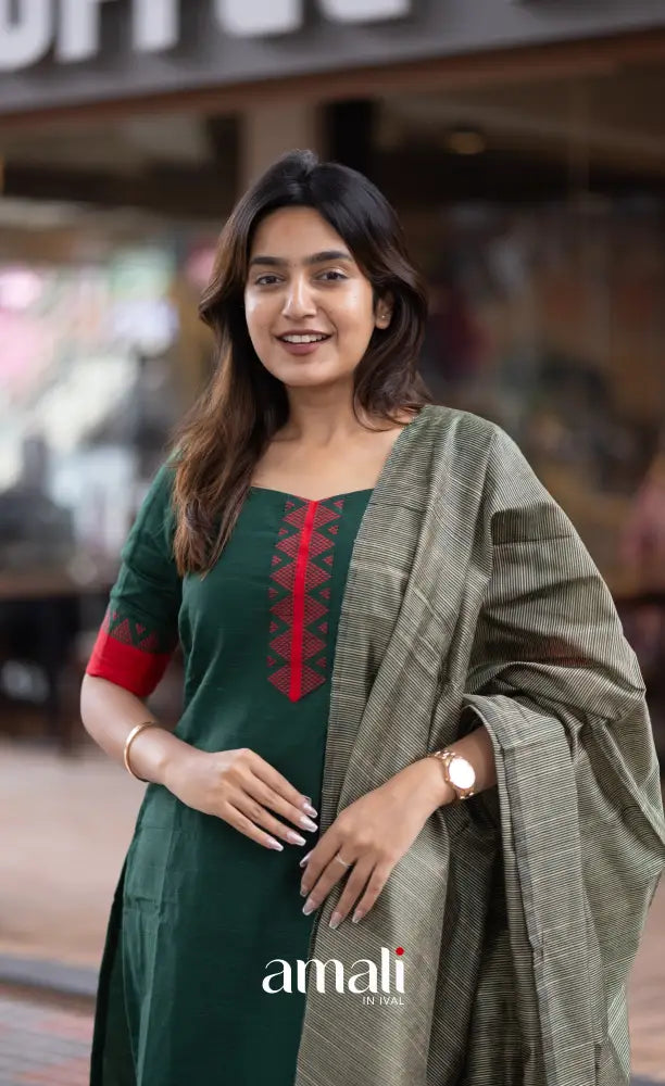 Athira handloom Cotton Salwar - Dark Green and Greyish Beige salwar