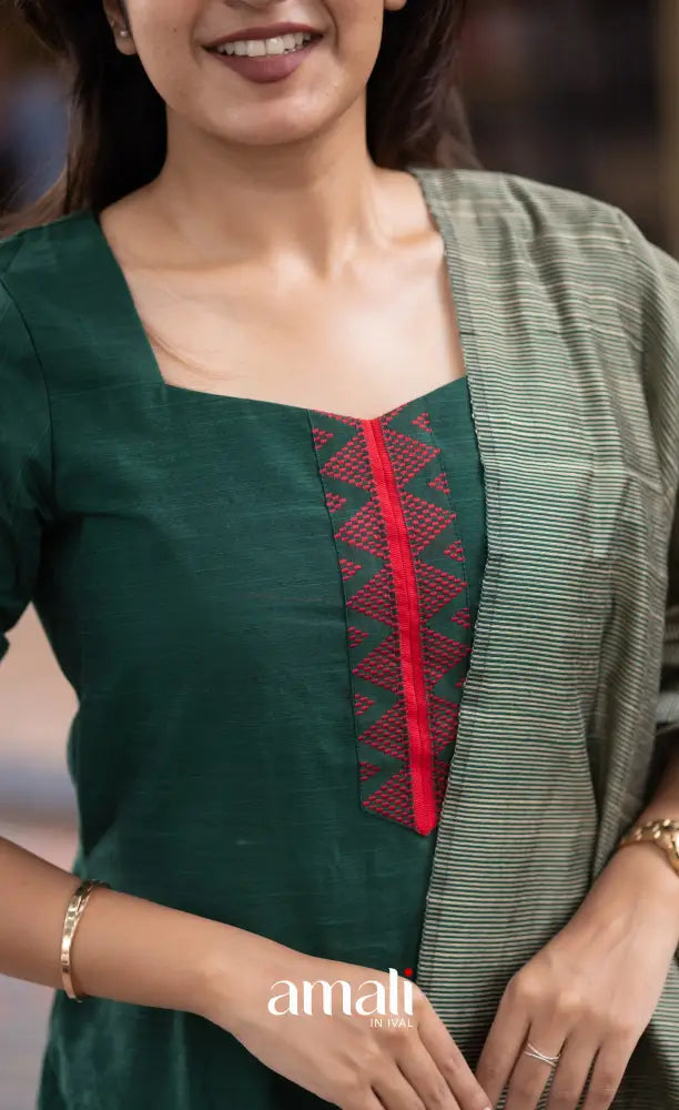 Athira handloom Cotton Salwar - Dark Green and Greyish Beige salwar