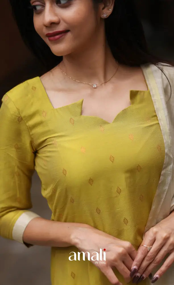 Athira handloom Cotton Salwar - Henna Yellow and Cream salwar