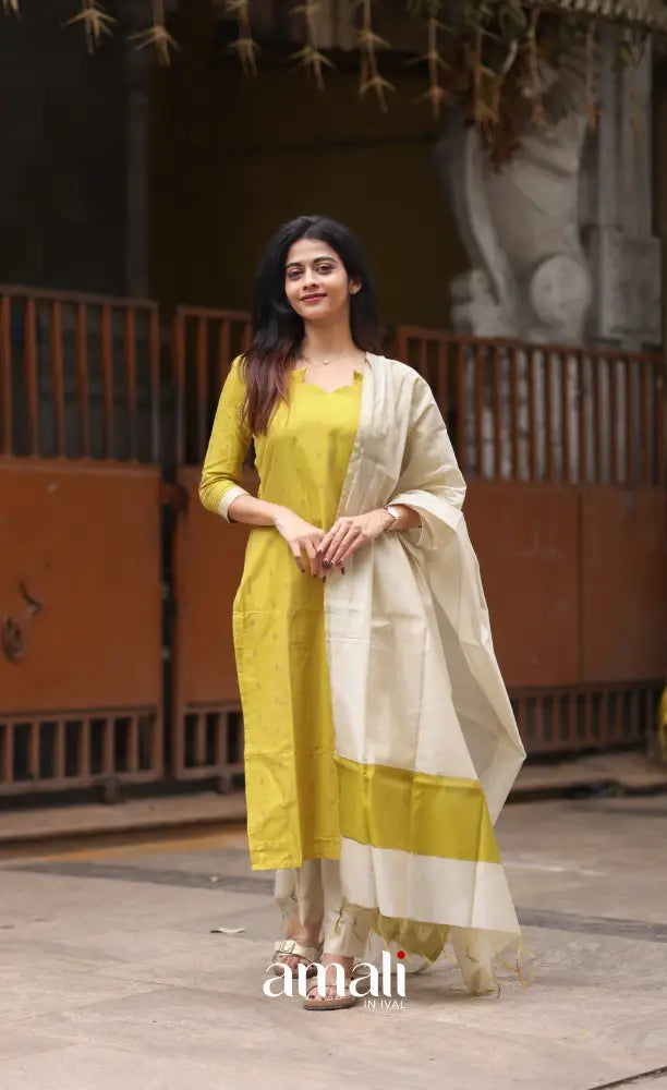 Athira handloom Cotton Salwar - Henna Yellow and Cream salwar