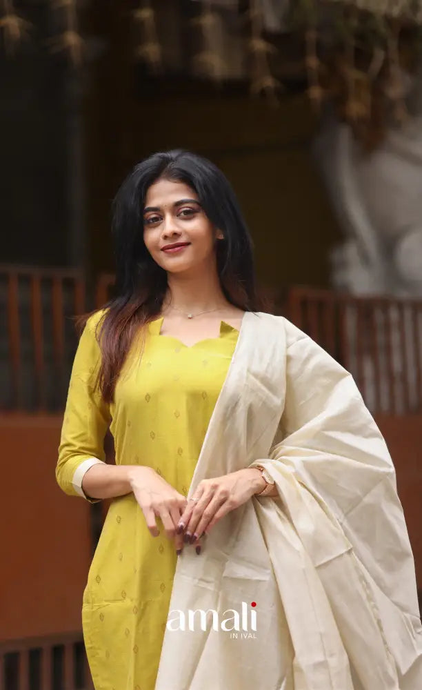 Athira handloom Cotton Salwar - Henna Yellow and Cream salwar