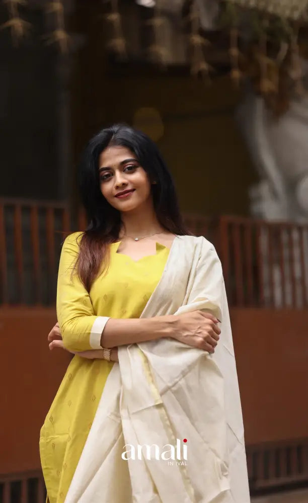 Athira handloom Cotton Salwar - Henna Yellow and Cream salwar