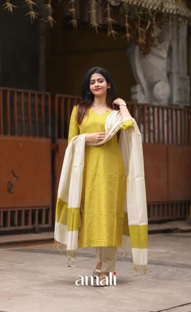 Athira handloom Cotton Salwar - Henna Yellow and Cream salwar