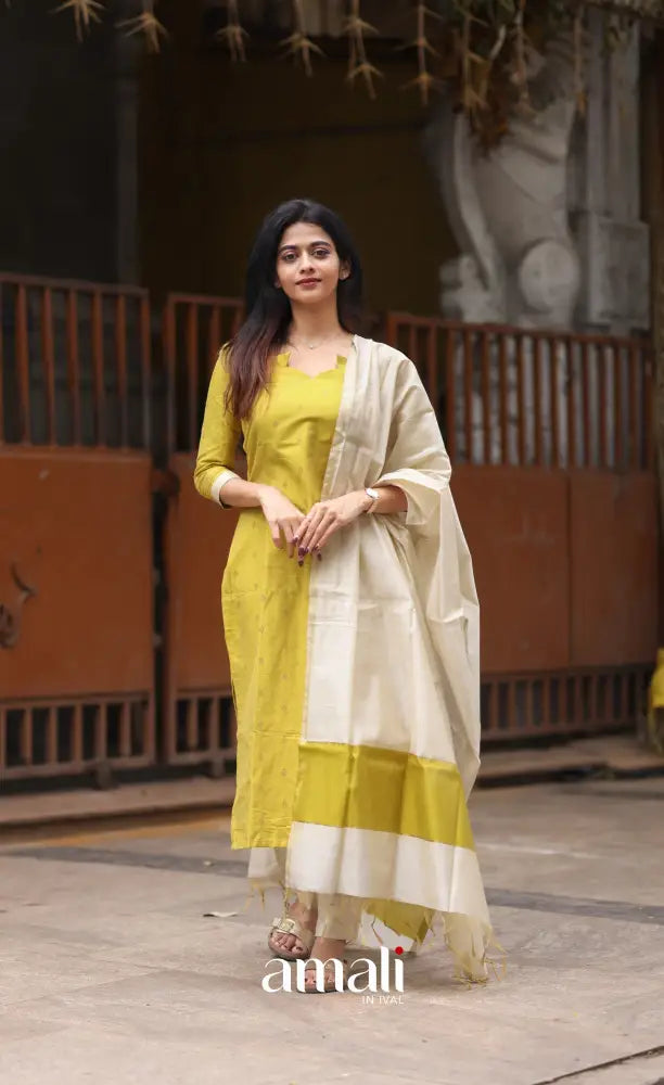 Athira handloom Cotton Salwar - Henna Yellow and Cream salwar