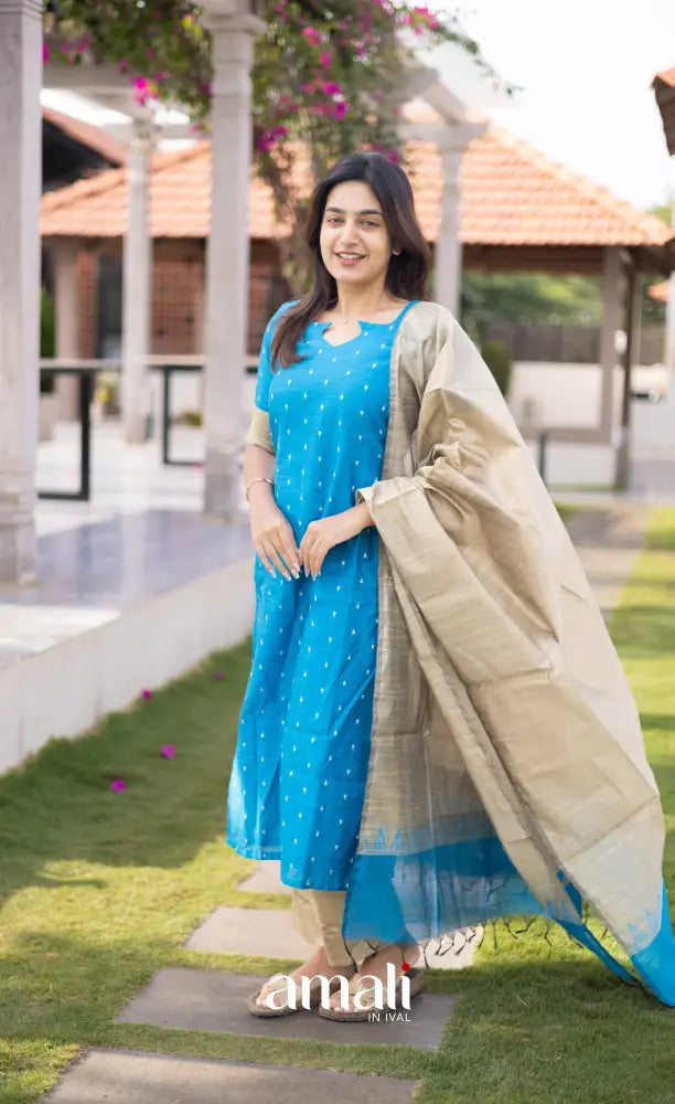 Athira handloom Cotton Salwar - Light Blue and Sandal salwar