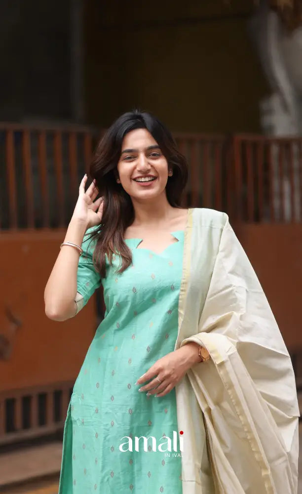 Athira handloom Cotton Salwar - Pastel Mint and Cream salwar