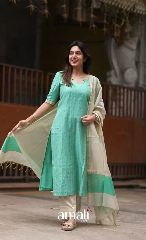 Athira handloom Cotton Salwar - Pastel Mint and Cream salwar