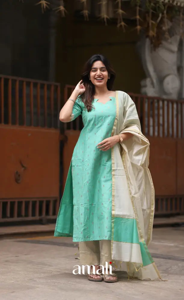 Athira handloom Cotton Salwar - Pastel Mint and Cream salwar