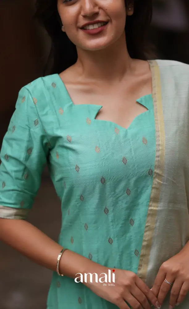 Athira handloom Cotton Salwar - Pastel Mint and Cream salwar