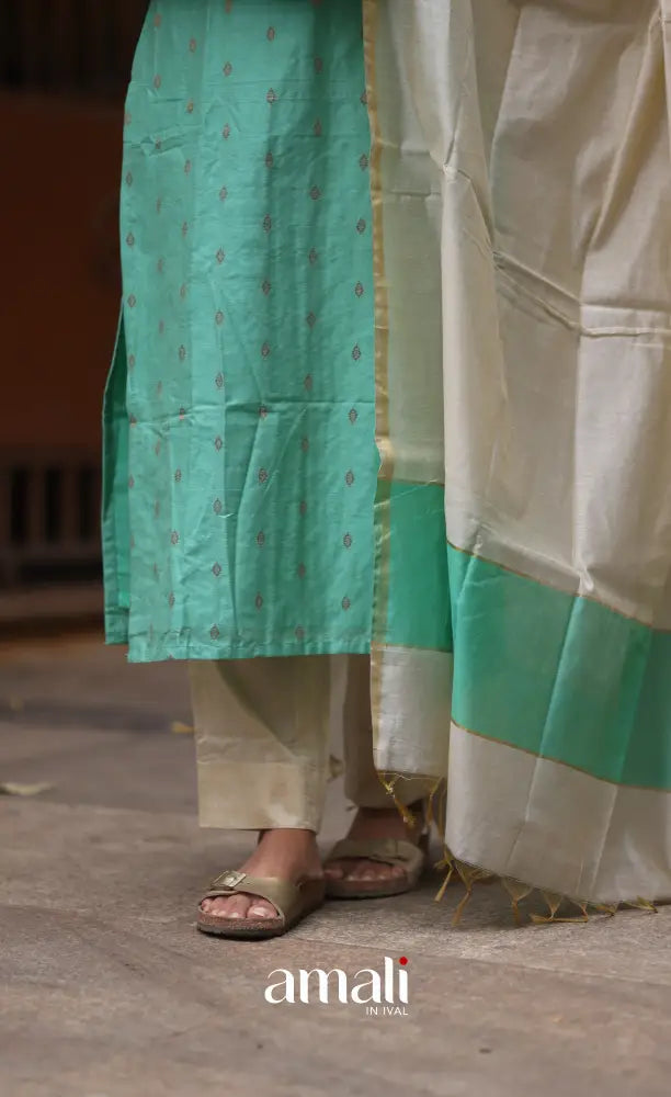 Athira handloom Cotton Salwar - Pastel Mint and Cream salwar