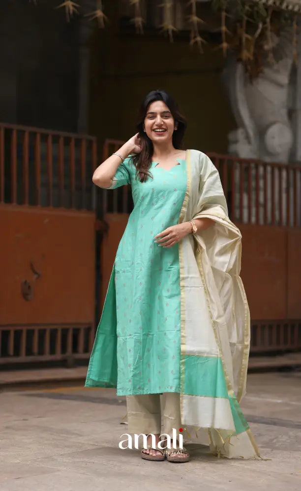 Athira handloom Cotton Salwar - Pastel Mint and Cream salwar
