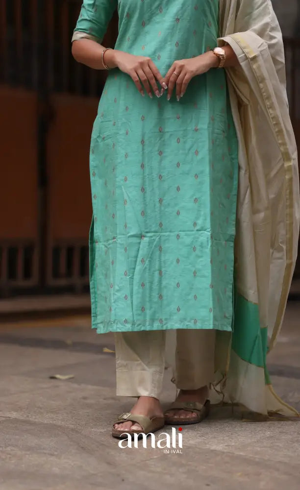 Athira handloom Cotton Salwar - Pastel Mint and Cream salwar