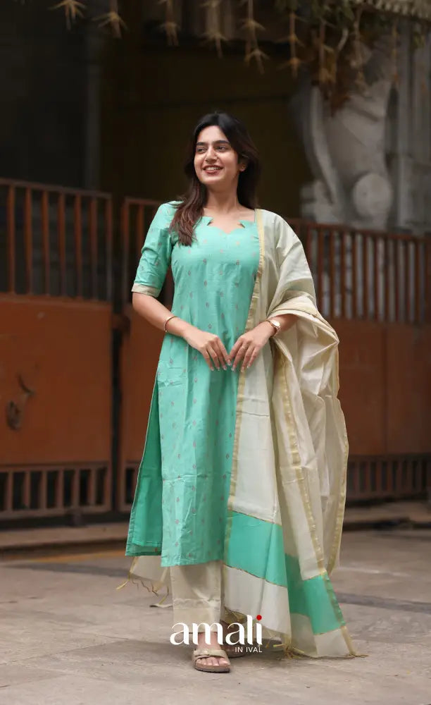 Athira handloom Cotton Salwar - Pastel Mint and Cream salwar
