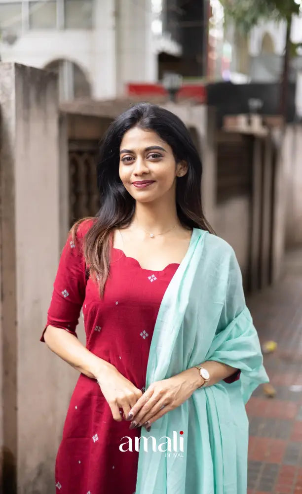 Athira handloom Cotton Salwar - Reddish Maroon and Sky Blue salwar