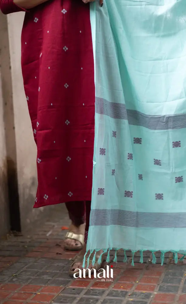 Athira handloom Cotton Salwar - Reddish Maroon and Sky Blue salwar