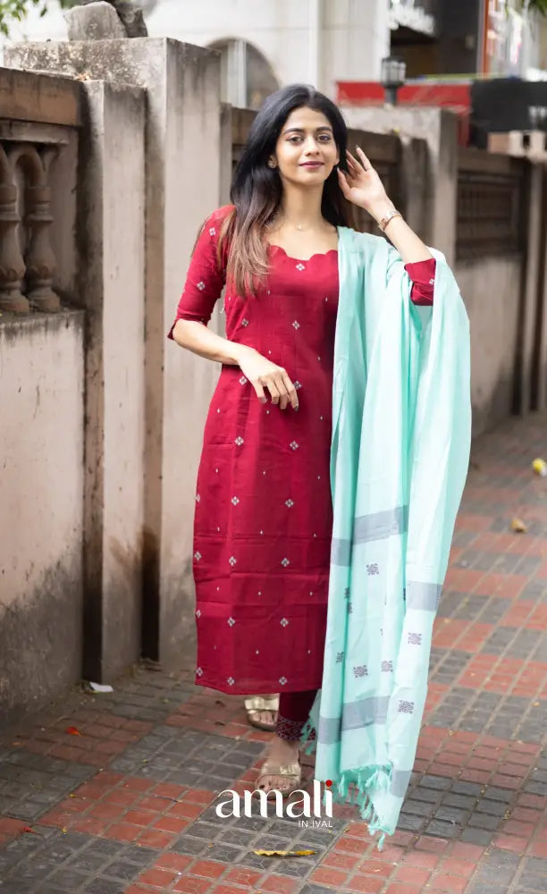 Athira handloom Cotton Salwar - Reddish Maroon and Sky Blue salwar