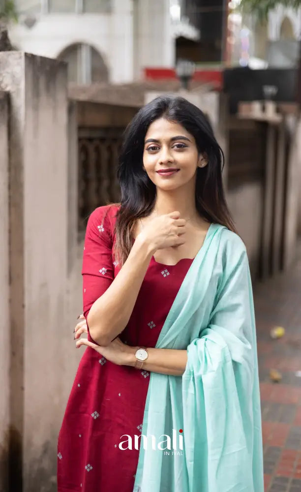 Athira handloom Cotton Salwar - Reddish Maroon and Sky Blue salwar