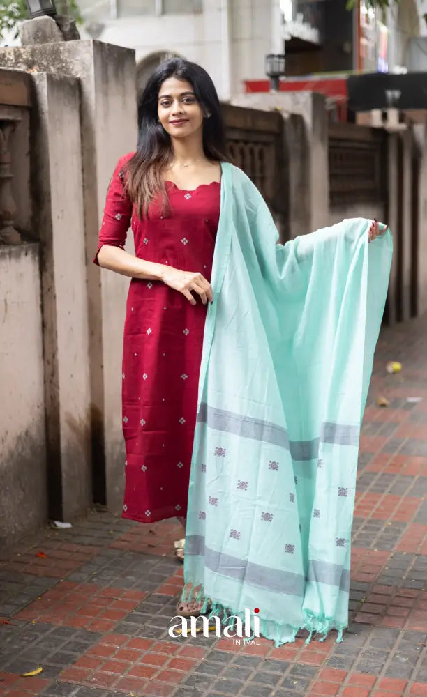 Athira handloom Cotton Salwar - Reddish Maroon and Sky Blue salwar
