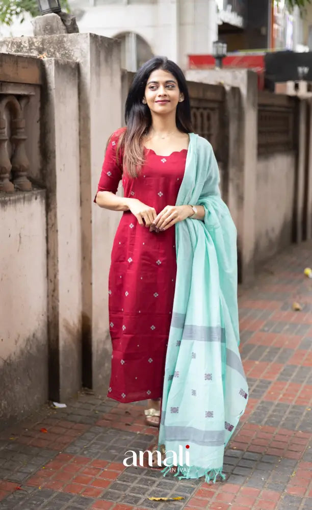 Athira handloom Cotton Salwar - Reddish Maroon and Sky Blue salwar
