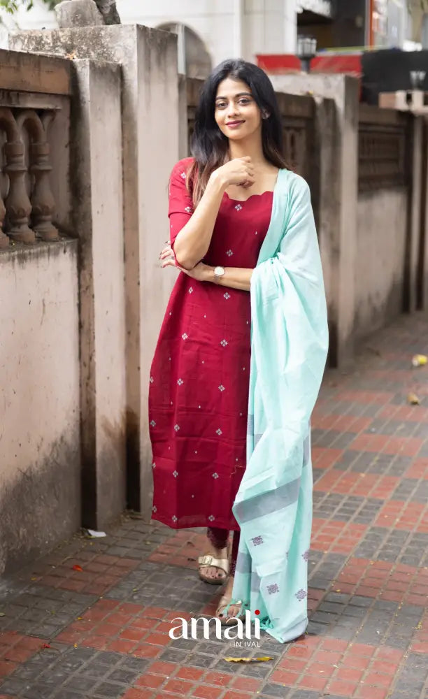 Athira handloom Cotton Salwar - Reddish Maroon and Sky Blue salwar