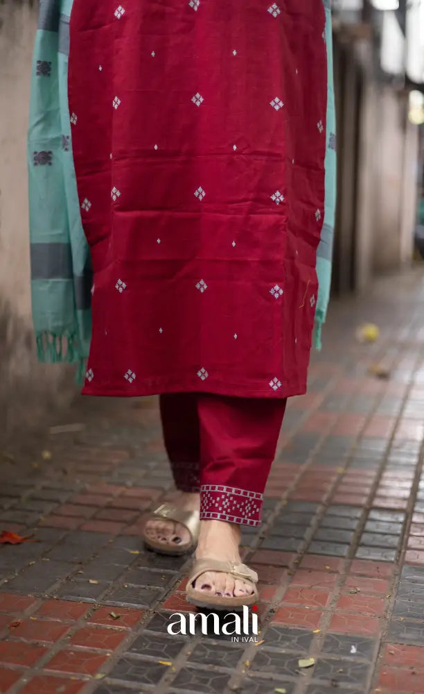 Athira handloom Cotton Salwar - Reddish Maroon and Sky Blue salwar