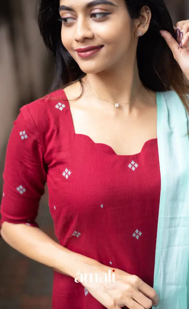 Athira handloom Cotton Salwar - Reddish Maroon and Sky Blue salwar