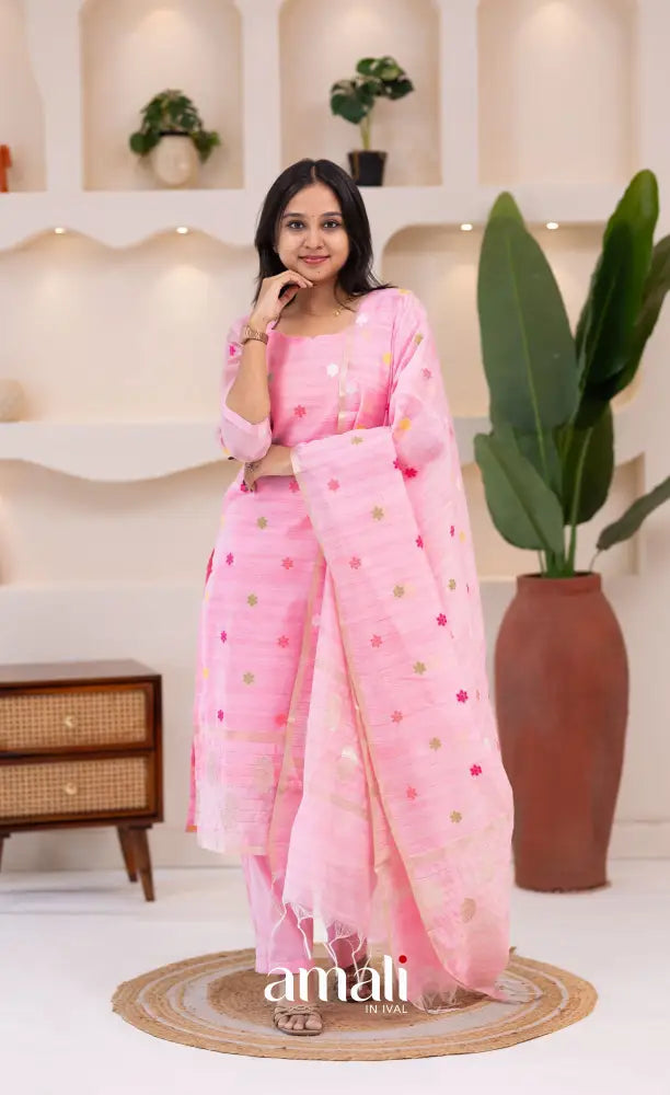 Baby Pink Viscose Chanderi Salwar Set - salwar