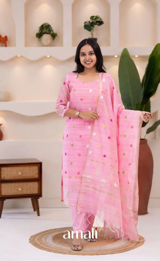 Baby Pink Viscose Chanderi Salwar Set - salwar