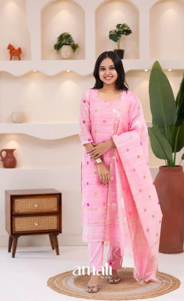 Baby Pink Viscose Chanderi Salwar Set - salwar