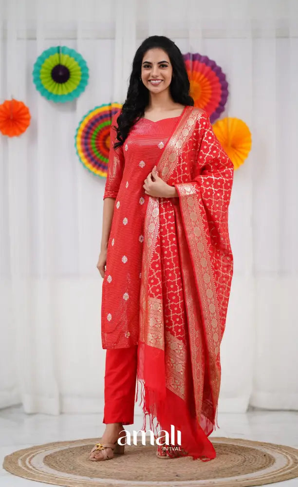 Bavana Banarasi Silk Cotton Salwar - Red salwar