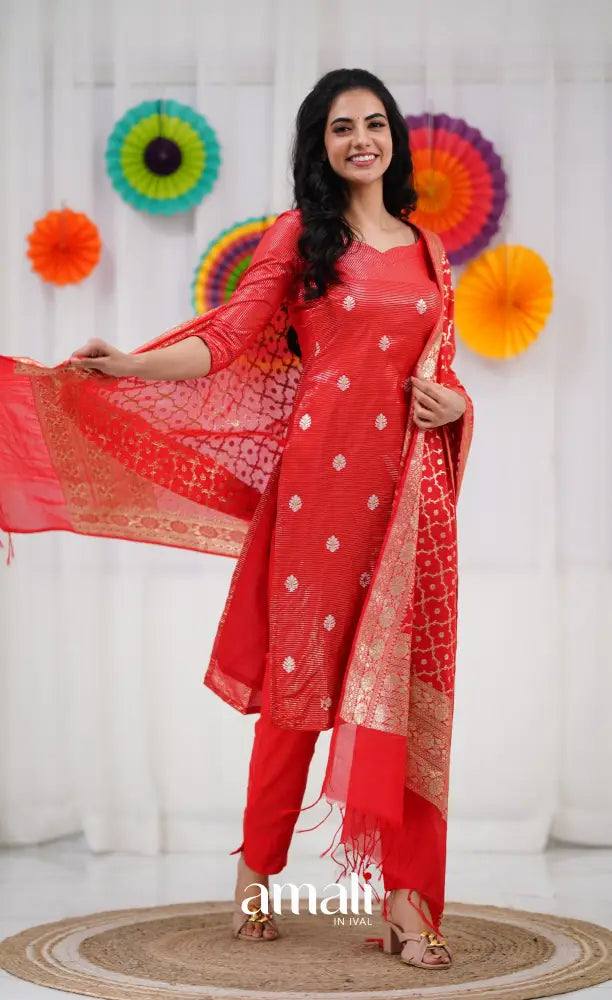 Bavana Banarasi Silk Cotton Salwar - Red salwar