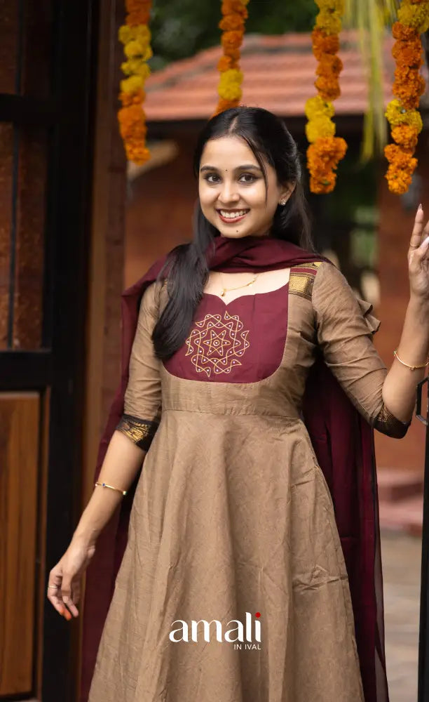 Beige and Dark Maroon Chettinad Cotton Anarkali Anarkalis