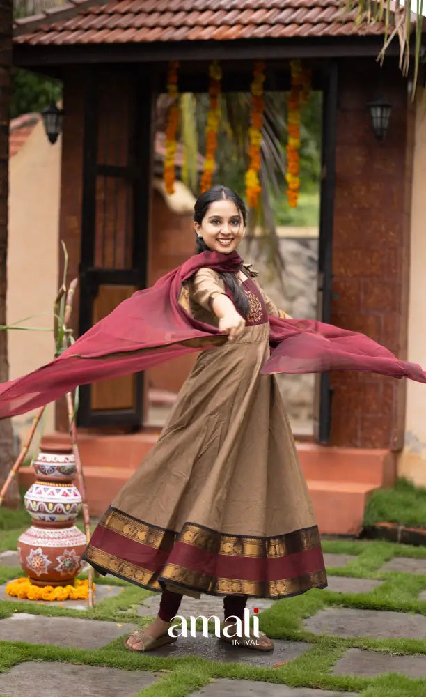 Beige and Dark Maroon Chettinad Cotton Anarkali Anarkalis