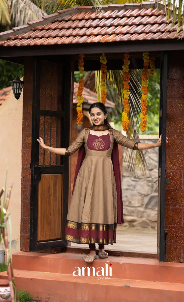 Beige and Dark Maroon Chettinad Cotton Anarkali Anarkalis