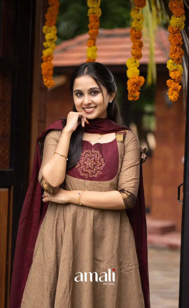 Beige and Dark Maroon Chettinad Cotton Anarkali Anarkalis